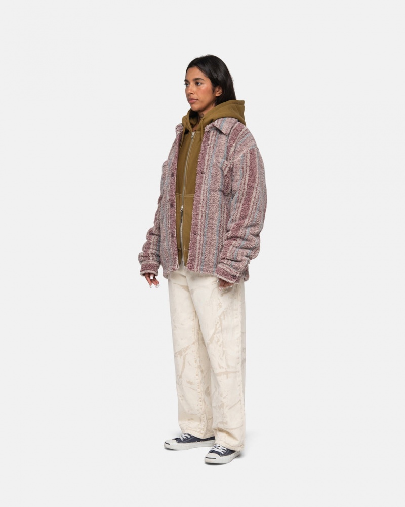 Stussy A Rayas Sherpa Shirt - Unisex Tops Rojos | DMXKV71403