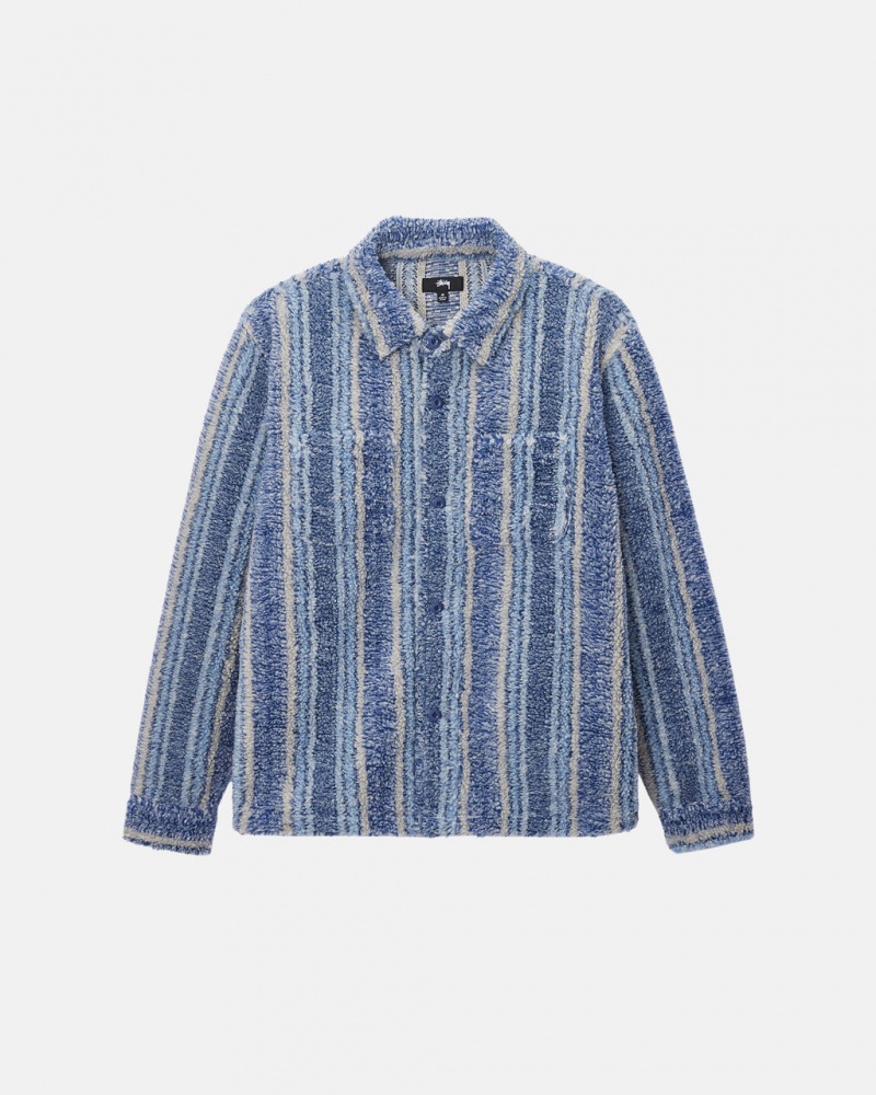 Stussy A Rayas Sherpa Shirt - Unisex Tops Azules | MXNZX54071