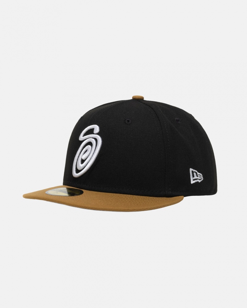 Stussy New Era 59Fifty Curly S - Unisex Negros Dorados | MXXMI15346