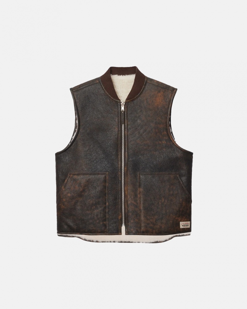Stussy Reversible Shearling Workgear Vest - Unisex Jackets Marrom | PMXER68659